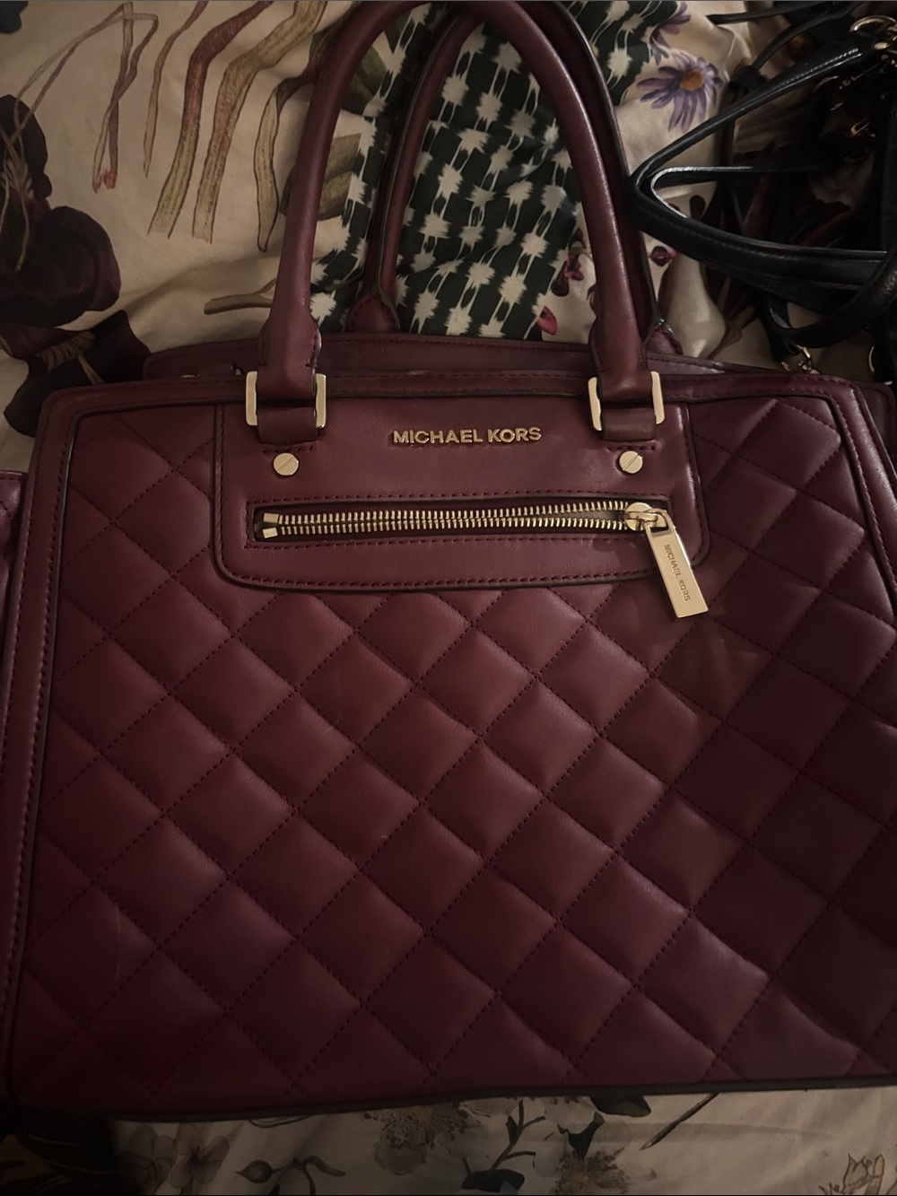Michael Kors Quilted Satchel in Burgundy with Gold Hardware